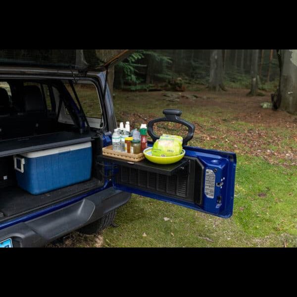 EZ4X4 Single Level Deluxe Folding Tailgate Table – Fits Jeep Wrangler – Black Aluminum – 1Pc