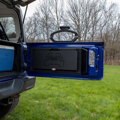 EZ4X4 Double Level Deluxe Folding Tailgate Table – Fits Jeep Wrangler JK/JKU/JL/JLU – Black Aluminum Cargo Shelf