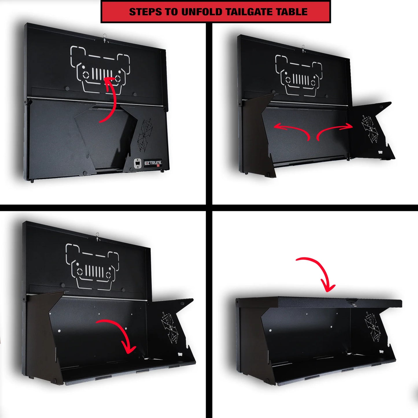 EZ4X4 Double Level Deluxe Folding Tailgate Table – Fits Jeep Wrangler JK/JKU/JL/JLU – Black Aluminum Cargo Shelf