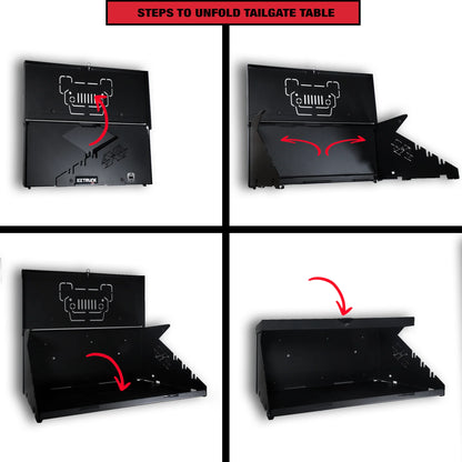 EZ4X4 Extreme Level Deluxe Folding Tailgate Table – Fits Jeep Wrangler JK/JKU/JL/JLU – Black Aluminum Cargo Shelf