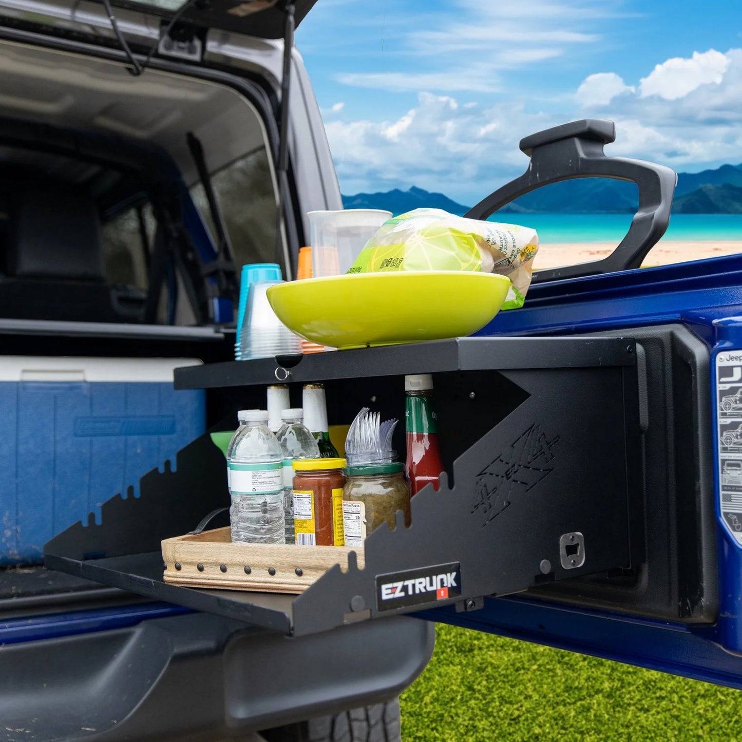 EZ4X4 Extreme Level Deluxe Folding Tailgate Table – Fits Jeep Wrangler JK/JKU/JL/JLU – Black Aluminum Cargo Shelf