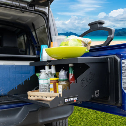 EZ4X4 Extreme Level Deluxe Folding Tailgate Table – Fits Jeep Wrangler JK/JKU/JL/JLU – Black Aluminum Cargo Shelf