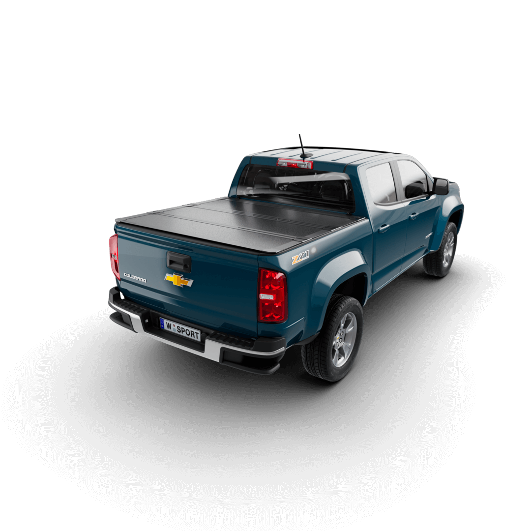 hard aluminum tonneau cover for Chevrolet Colorado installed on a blue truck, showcasing its sleek design.