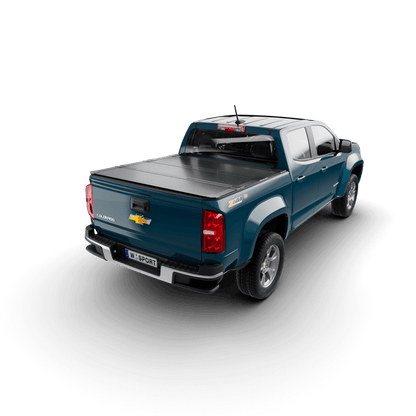 hard aluminum tonneau cover for Chevrolet Colorado installed on a blue truck, showcasing its sleek design.