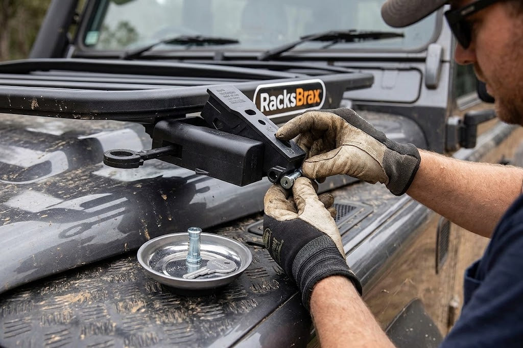 Person using the RacksBrax HD XD lock on a vehicle, showcasing secure installation for HD and XD hitch systems.