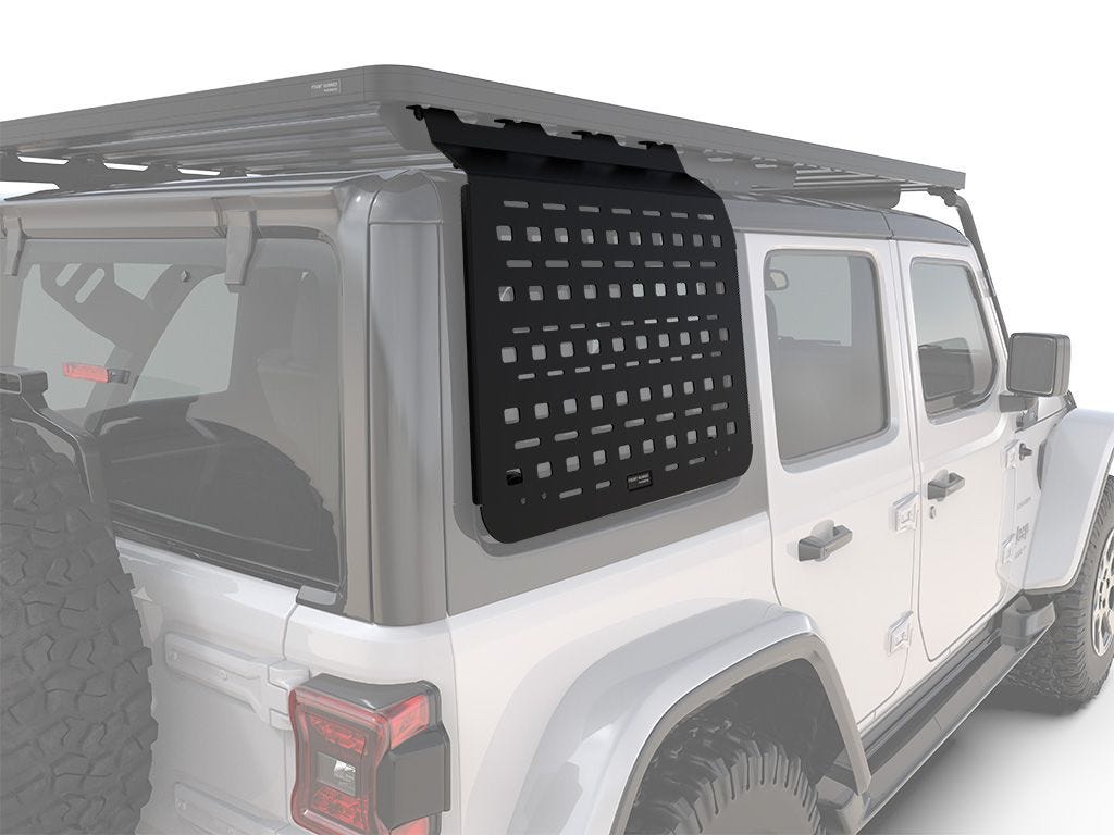 Jeep Wrangler JLU rear window Molle panel installed for enhanced storage and utility.