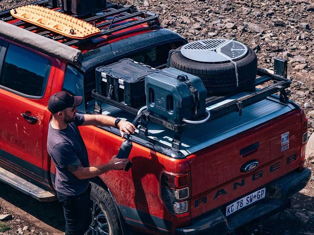 Front Runner Tap Extension Bracket for Roof Rack – Fits Slimline II, Swings 90° with Shower Head Holder – Black Steel, 315(L) x 187(W), Heavy-Duty Design (1PC)