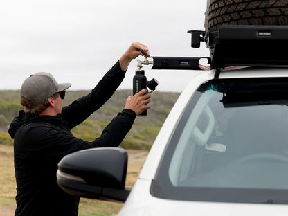 Front Runner Tap Extension Bracket for Roof Rack – Fits Slimline II, Swings 90° with Shower Head Holder – Black Steel, 315(L) x 187(W), Heavy-Duty Design (1PC)