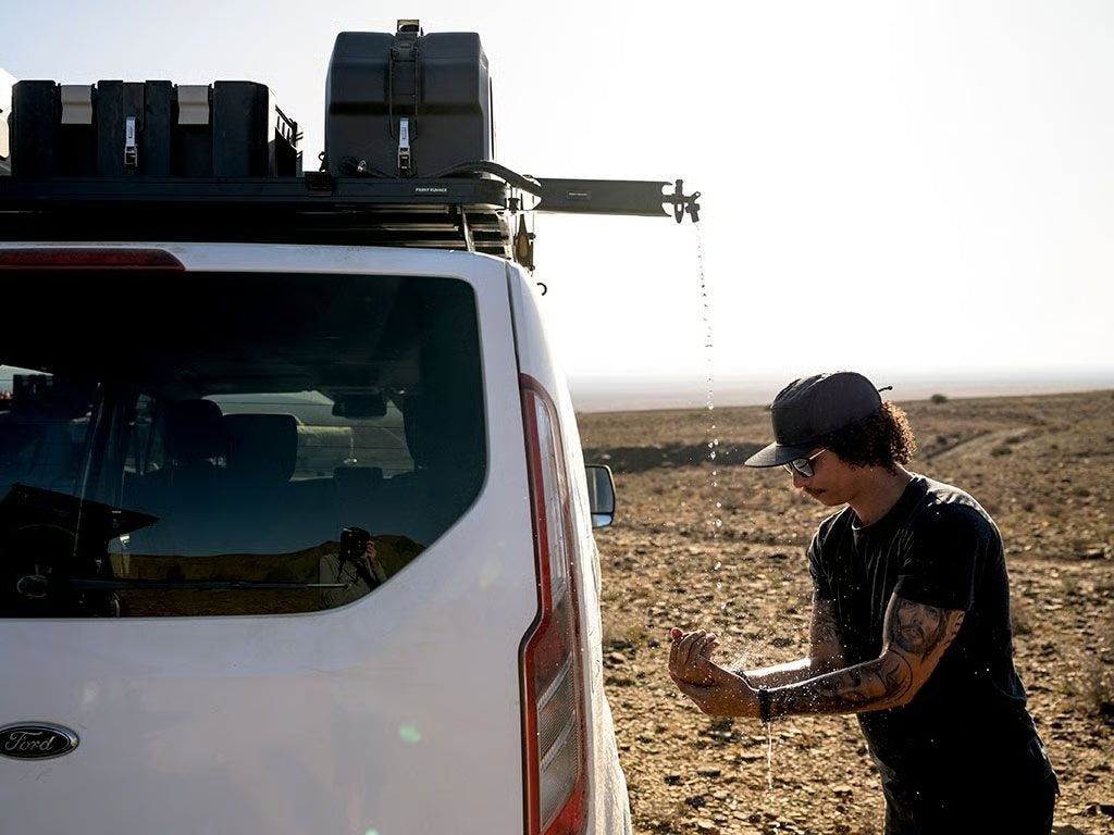 Front Runner Tap Extension Bracket for Roof Rack – Fits Slimline II, Swings 90° with Shower Head Holder – Black Steel, 315(L) x 187(W), Heavy-Duty Design (1PC)