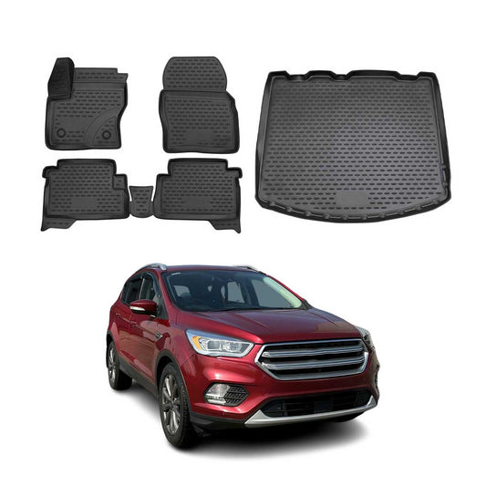 OMAC USA Floor Mats & Cargo Liner Set for SUV – Fits 2013-2019 Ford Escape – All Weather TPE Rubber, Black (5 Pcs)