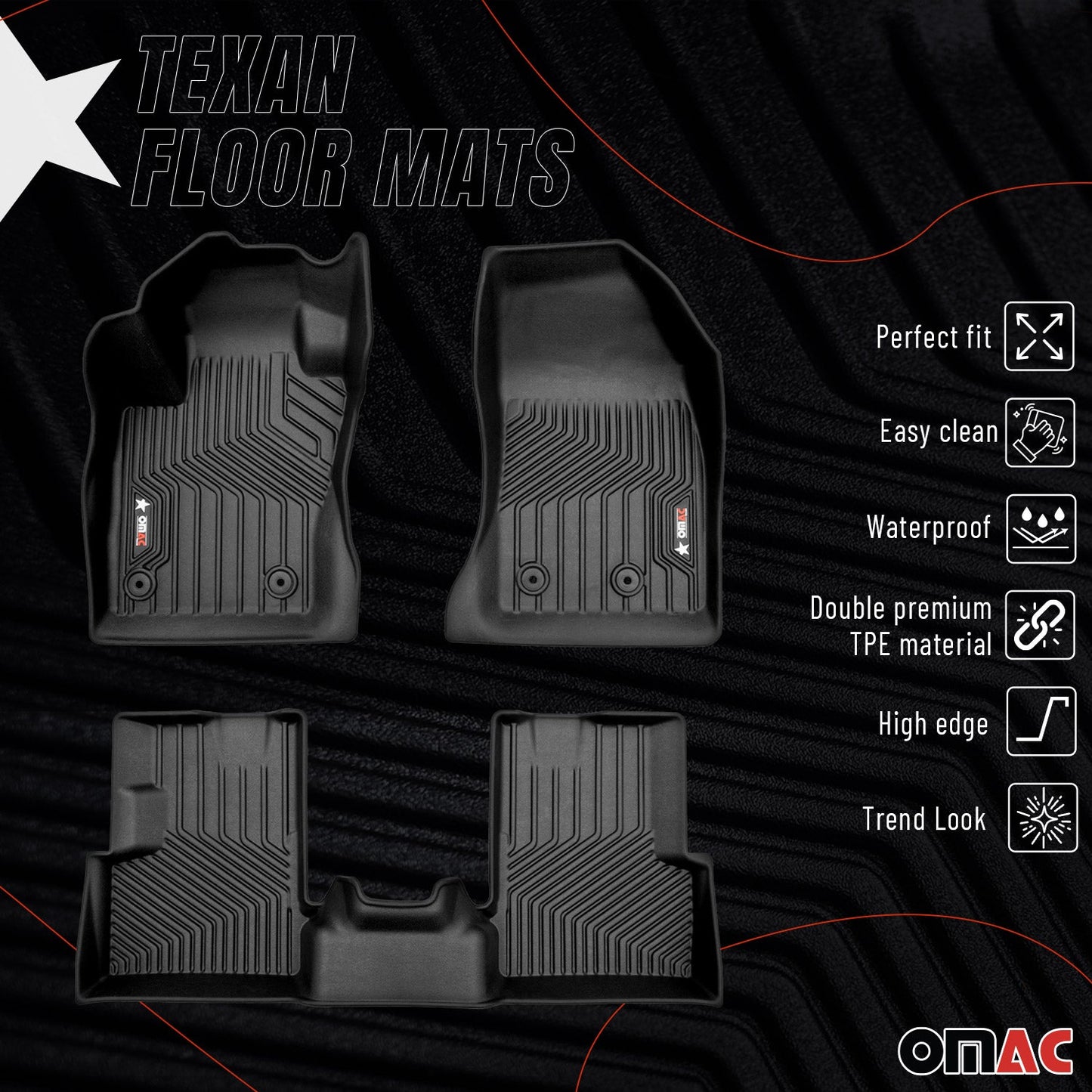 OMAC USA Premium Floor Mats for SUV – First & Second Row – fits with 2015–2023 Jeep Renegade – Black (3 Pcs)