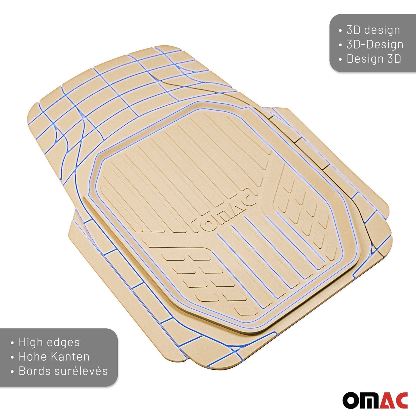 OMAC USA Heavy Duty Trim to Fit Floor Mats Liner Waterproof 3D All-Weather for Car/SUV – Tan (4 Pcs)