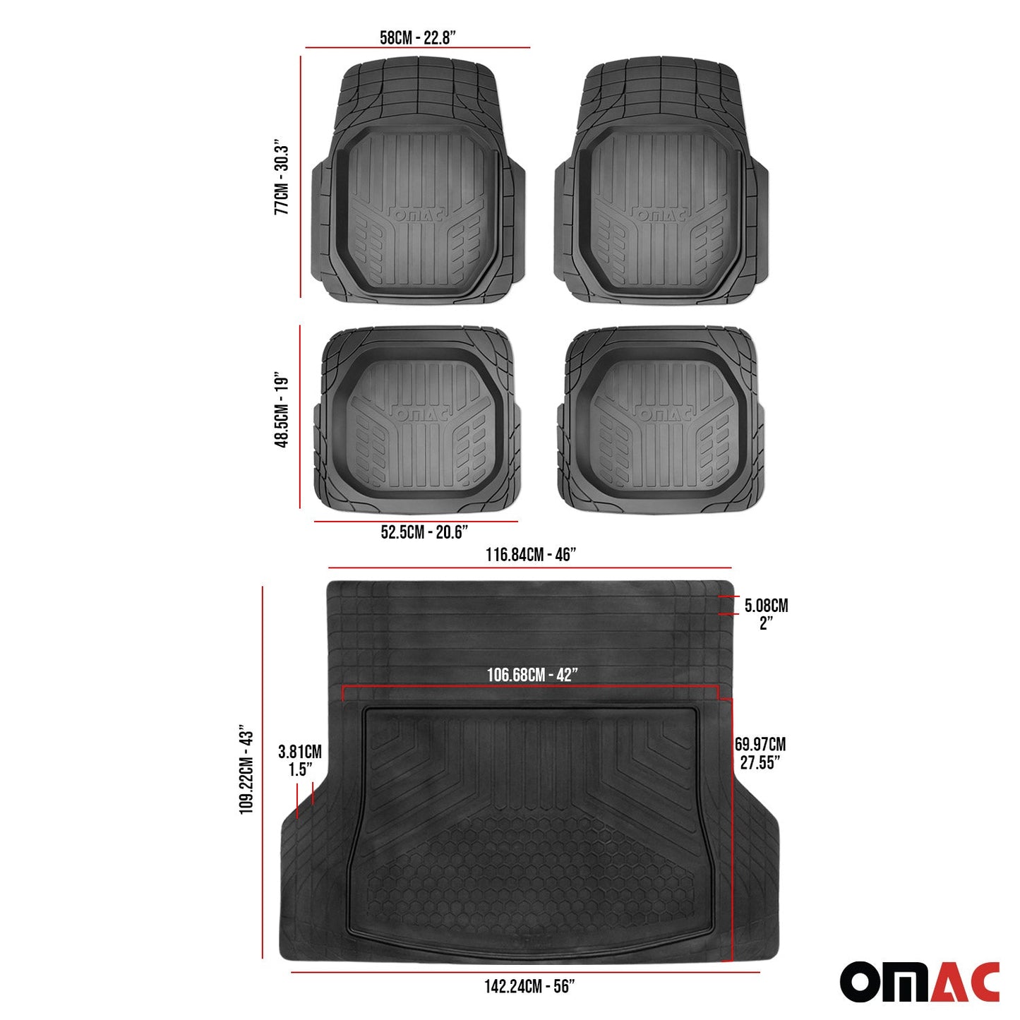 OMAC USA Semi-Custom Rubber Floor Mats & Cargo Liner for Cars – Fits with 2020-2024 Jaguar F-Type (5 Pcs, All Weather, Black)