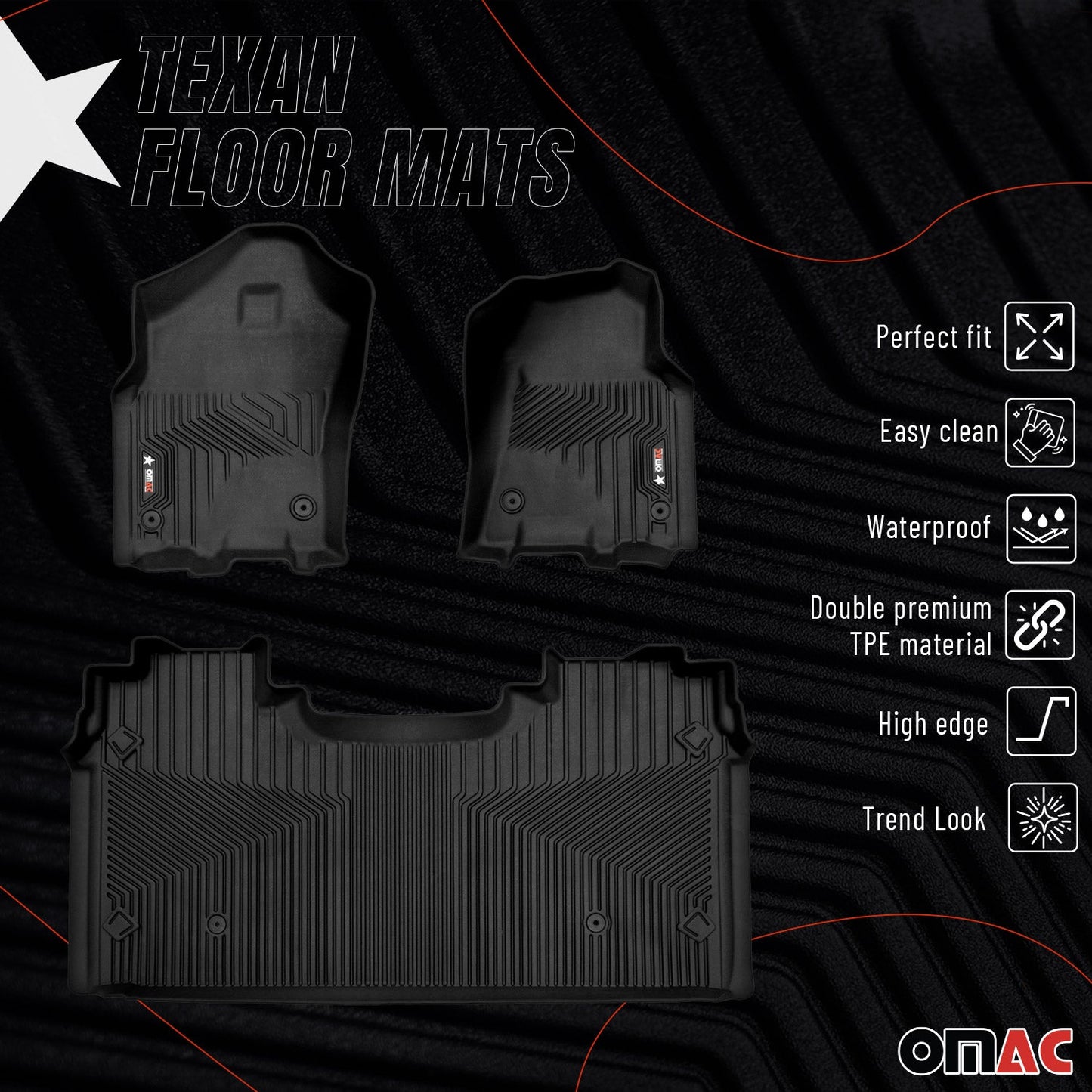 OMAC USA Premium Floor Mats for Truck – First & Second Row – fits with 2019–2024 RAM 1500 Limited Crew Cab – Black (3 Pcs)