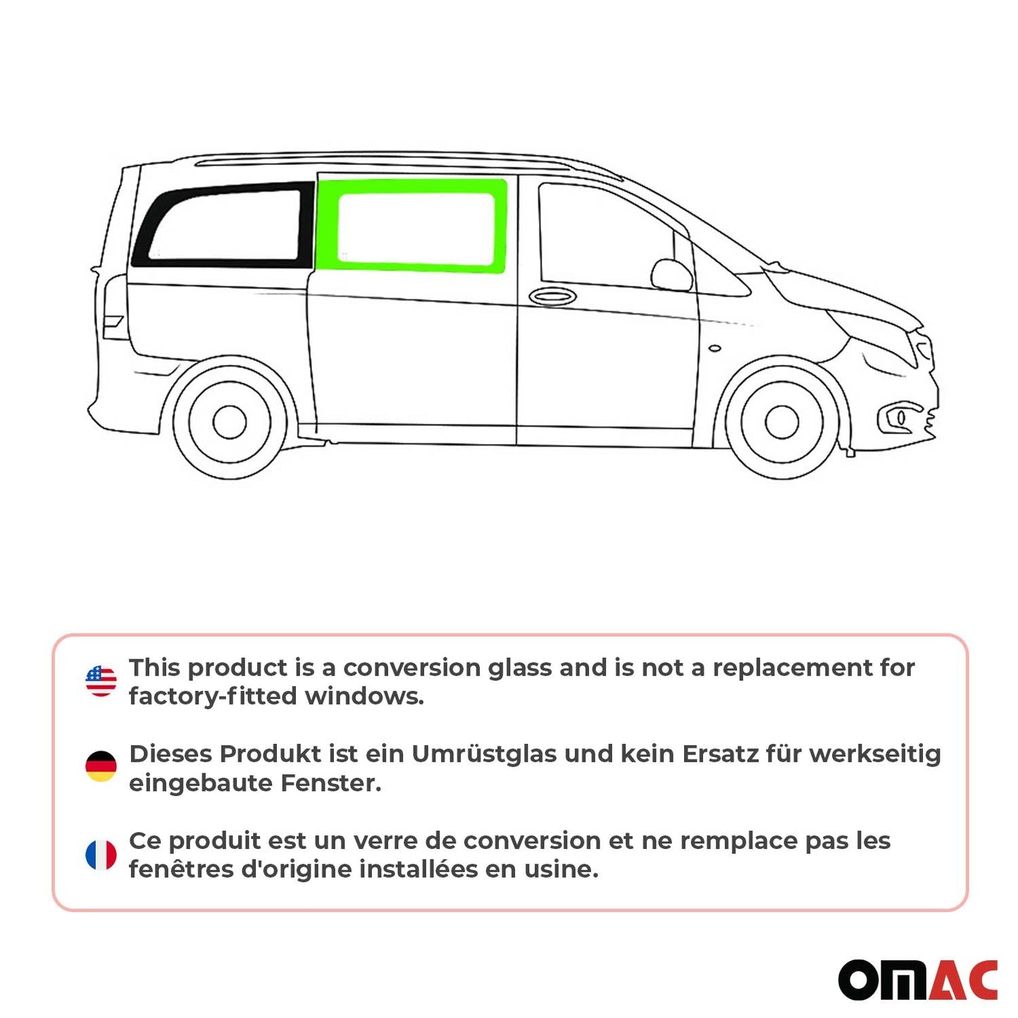 OMAC USA Right Side Front Window Glass for Cargo Van – Fits 2016–2024 Mercedes Metris L2/L3 – Black Tempered Replacement Auto Glass (1 Pc)