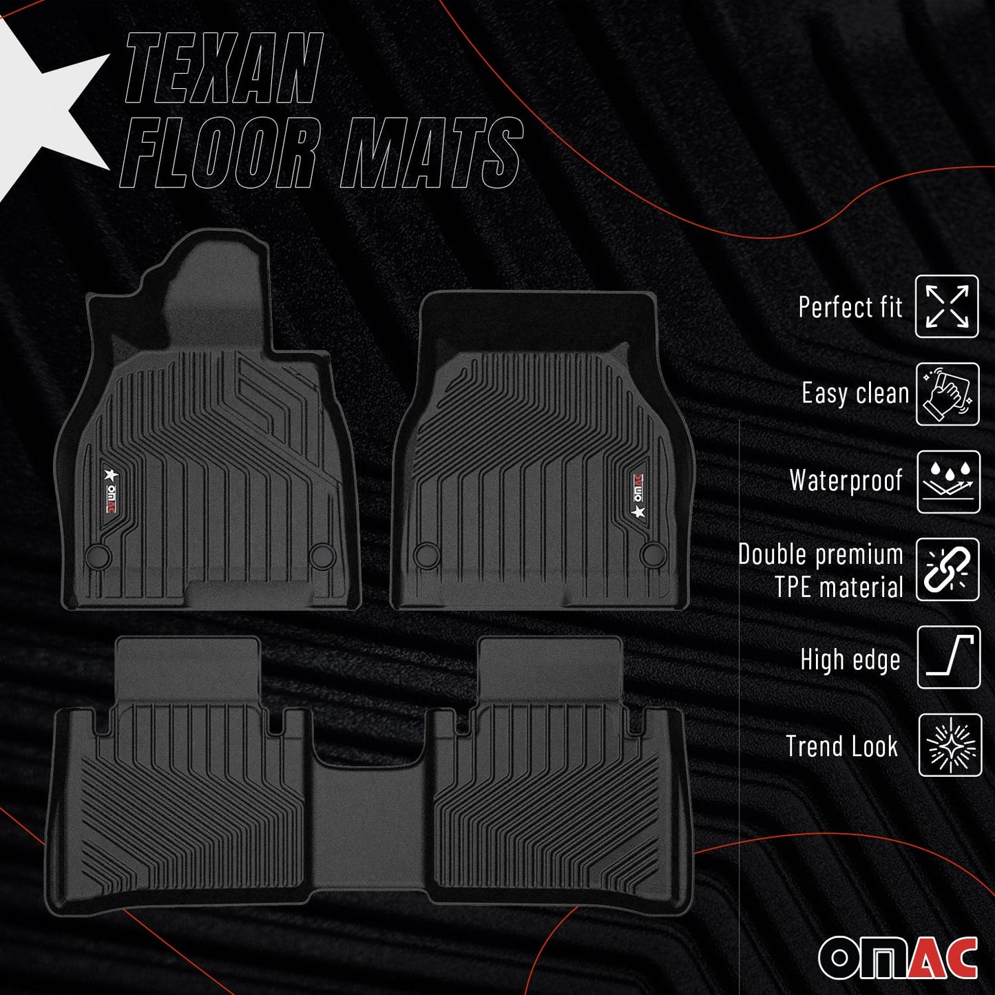 OMAC USA Premium Floor Mats Liners for Car – Fits 2022–2024 Mercedes EQS Liftback V297 – First & Second Row Set All Weather Heavy Duty Black