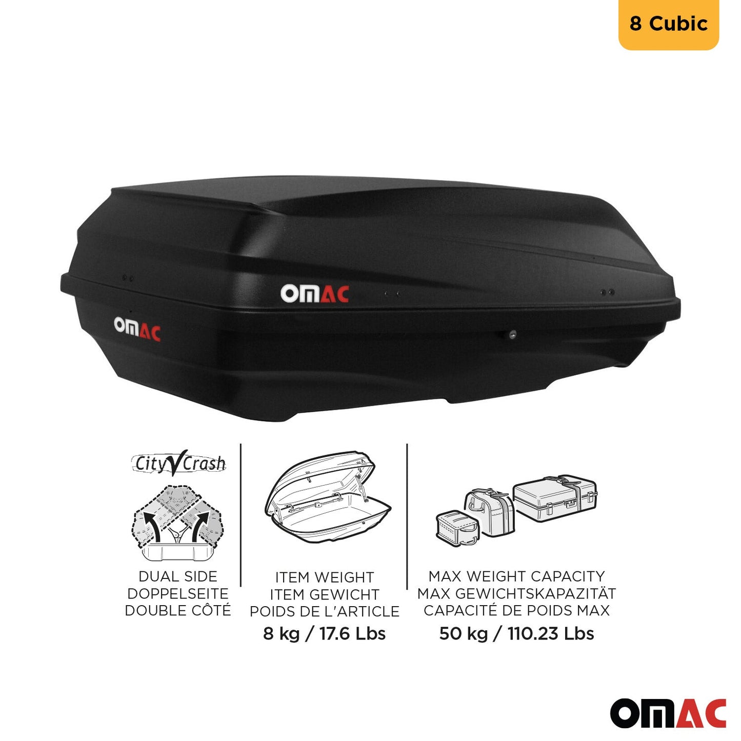 OMAC USA Roof Cargo Box for Car/SUV – 8 Cu Ft Rooftop Luggage Carrier Dual-Side Opening – Matt Black (1 Pc)