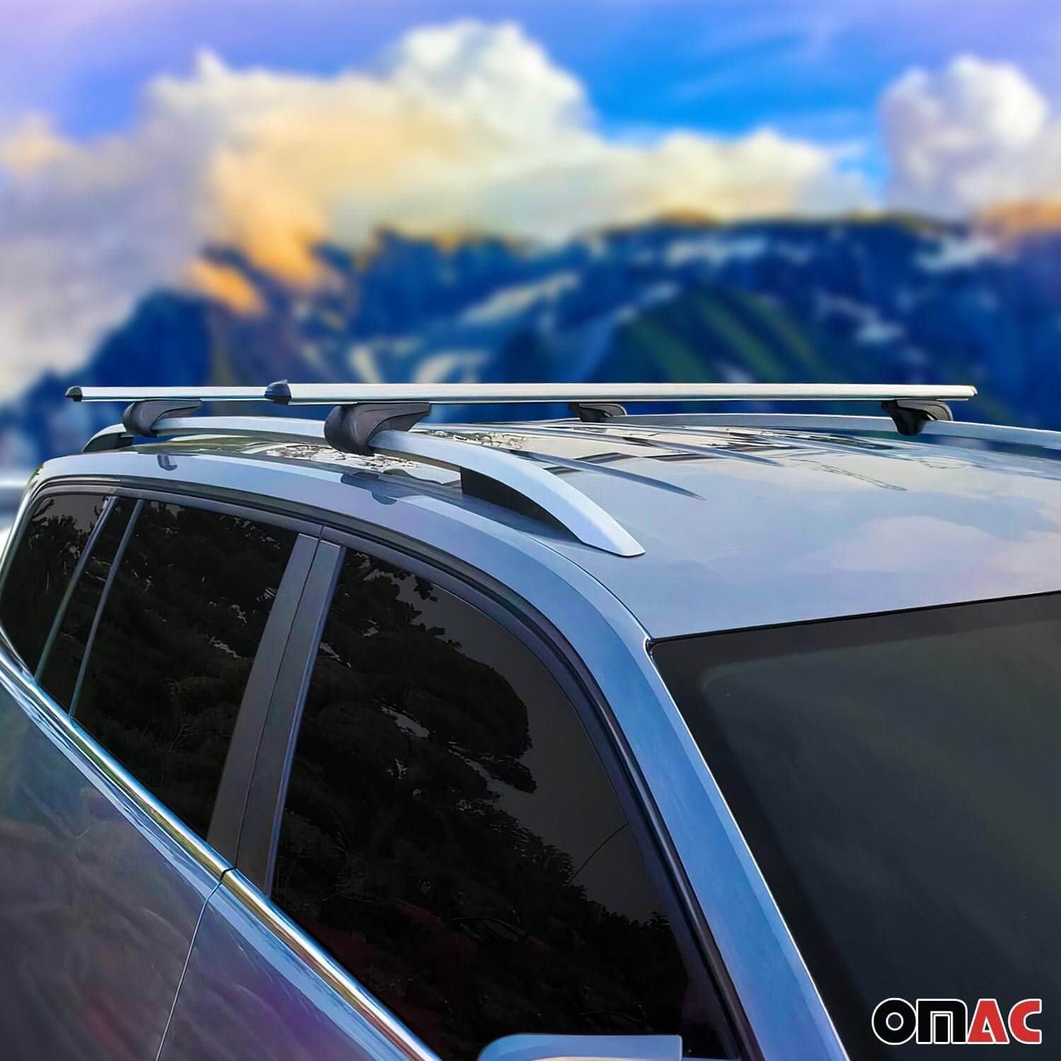 VW Tiguan roof rack cross bars installed on a car roof, ideal for outdoor adventures and extra storage capacity.