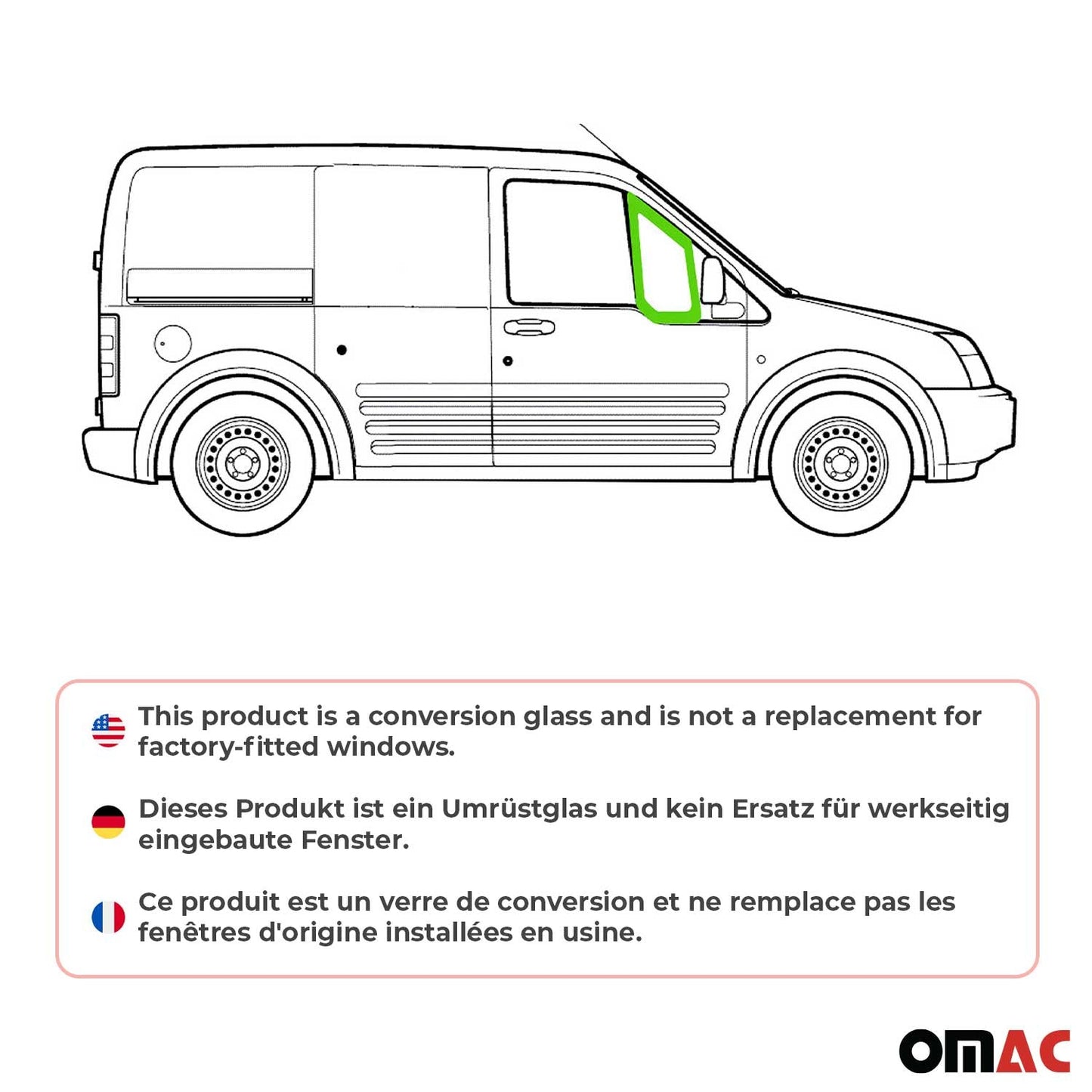 OMAC USA Quarter Window Glass Passenger Side for Vans – Fits 2010–2013 Ford Transit Connect L1/L2 (Green, 1Pc)