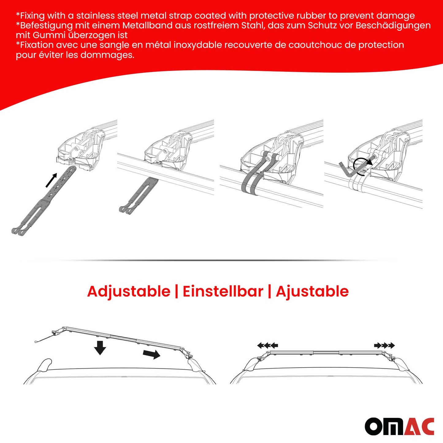 OMAC USA Adjustable Roof Rack Cross Bars 39"-51" for Raised Roof Rails – Aluminium Silver (2 Pcs)