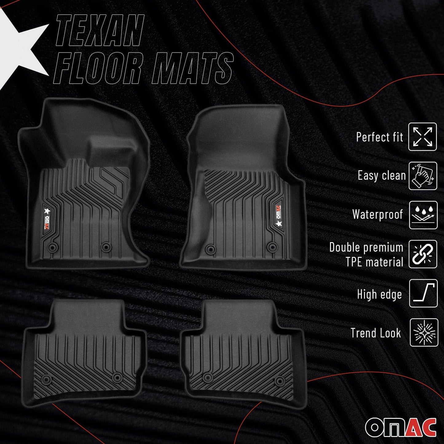 OMAC USA Premium Floor Mats Liners for SUV – Fits 2018–2025 Land Rover Range Rover Velar – Front & Rear All Weather Heavy Duty Black (4 Pcs)