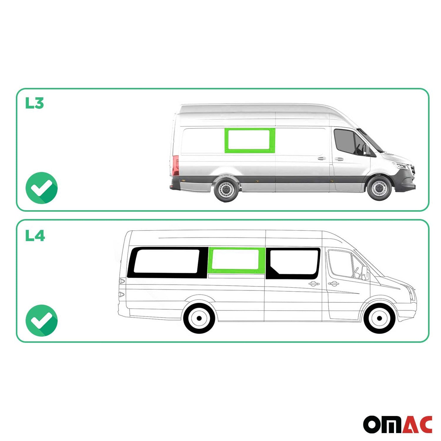 OMAC USA Mid Right Side Sliding Door Window Glass for Cargo Van – Fits 2010–2018 Mercedes Sprinter W906 L3/L4 – Black Tempered Replacement Auto Glass (1 Pc)