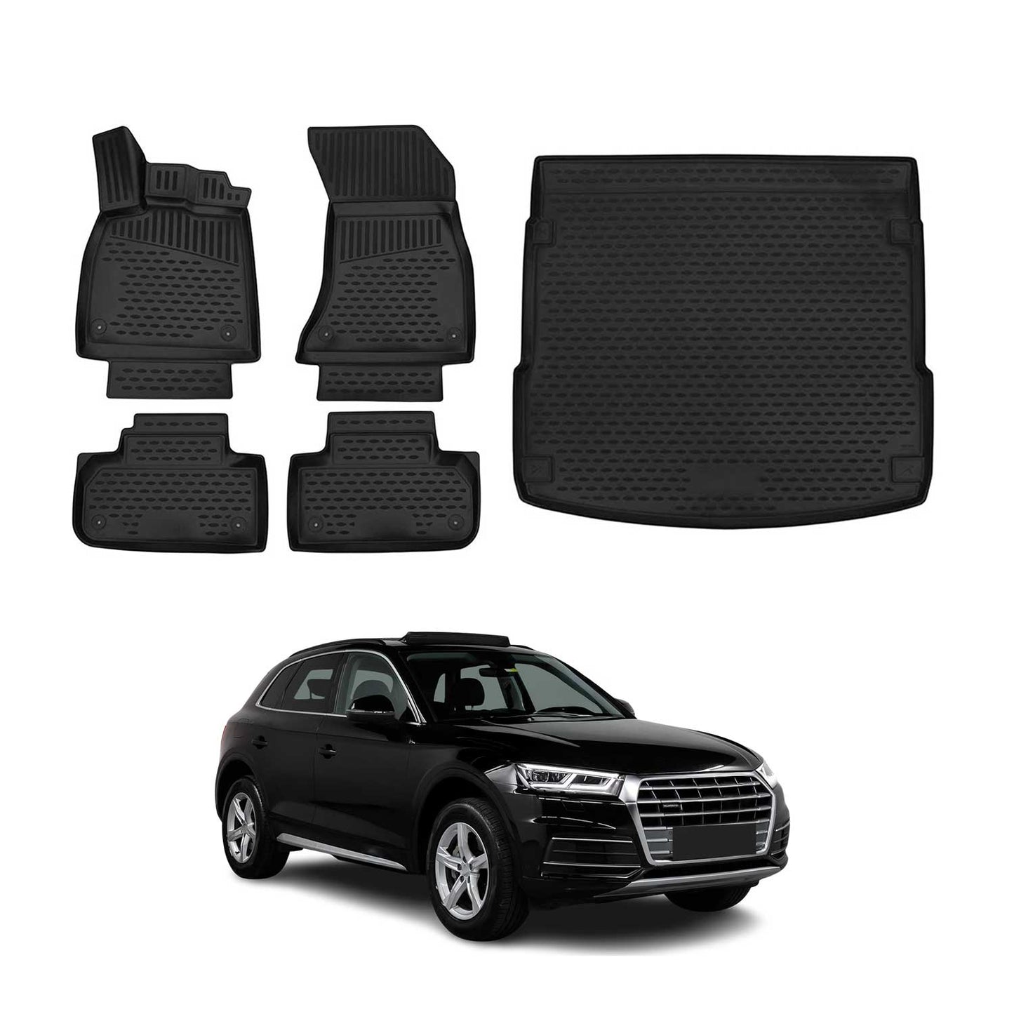 OMAC USA Floor Mats & Cargo Liner Set – Fits 2018-2025 Audi Q5 / SQ5 – Custom Fit All Weather Black TPE Rubber (5 Pcs)