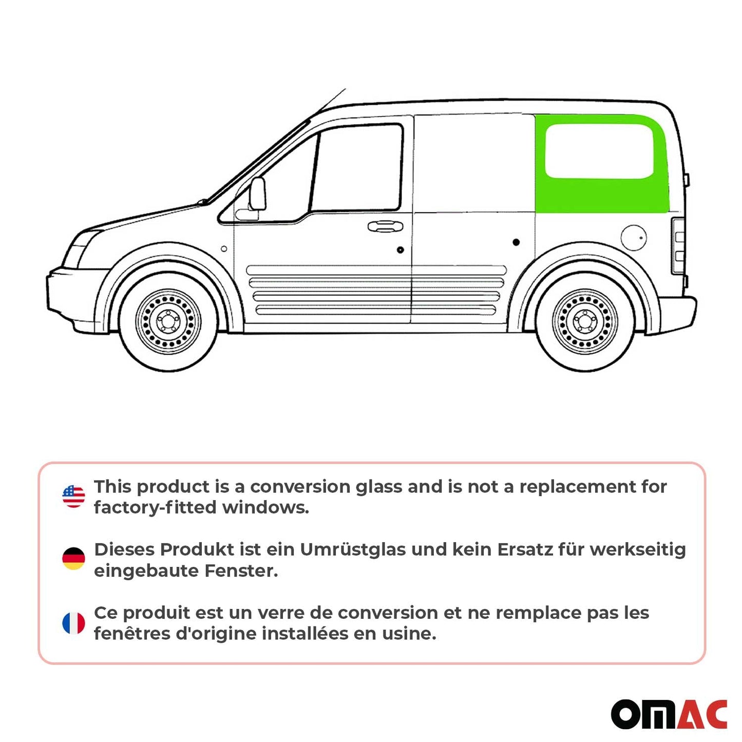 OMAC USA Rear Left Side Window Glass for Cargo Van – Fits 2010–2013 Ford Transit Connect L1/L2 – Black Tempered Replacement Auto Glass (1 Pc)