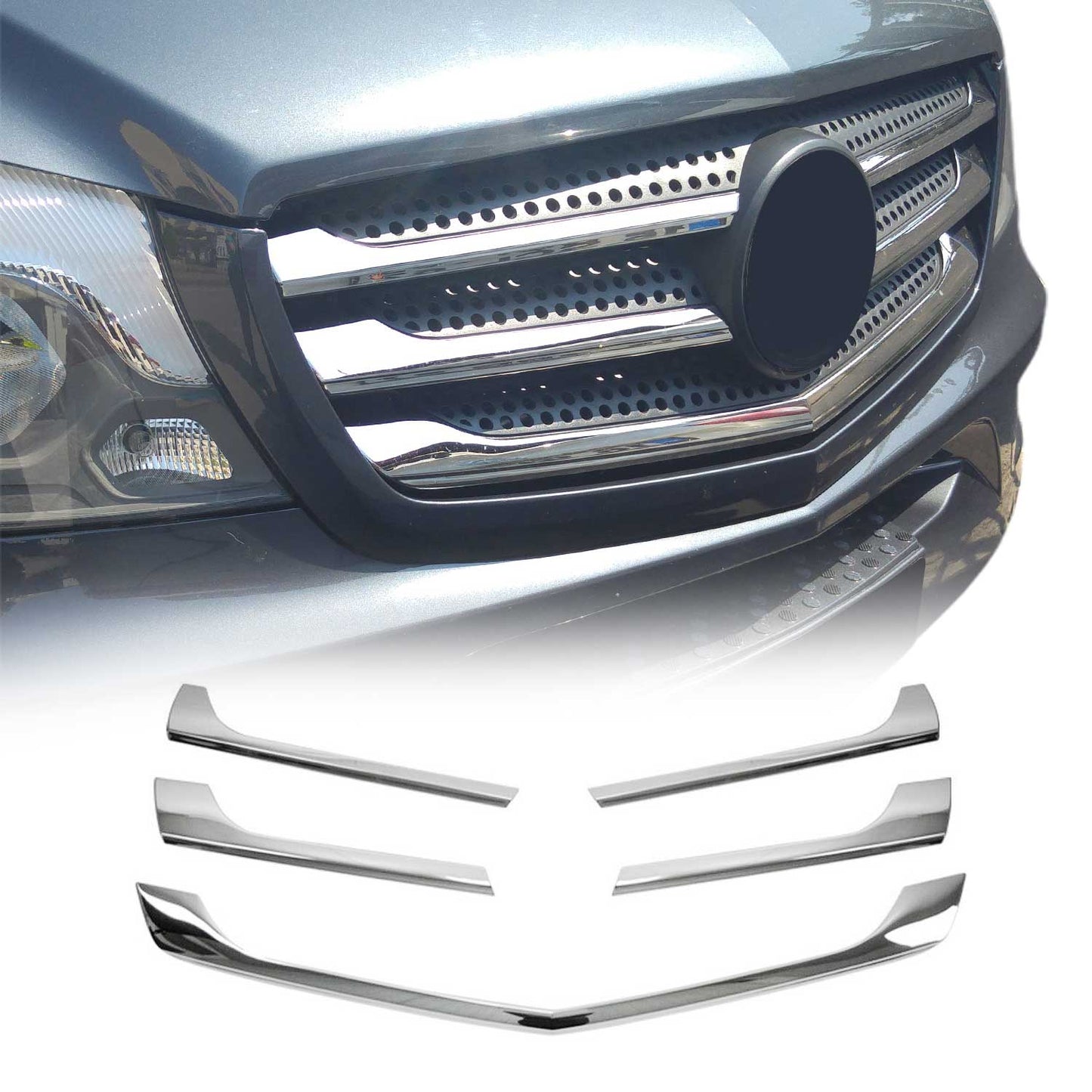 OMAC USA Front Bumper Grill Trim for Van – Fits 2014–2018 Mercedes Sprinter W906 – Stainless Steel Chrome Molding, Silver 5-Pc