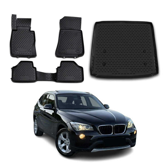 OMAC USA Floor Mats & Cargo Liner Set – Fits 2010-2015 BMW X1 E84 – Custom Fit All Weather Black Rubber TPE (5 Pcs)
