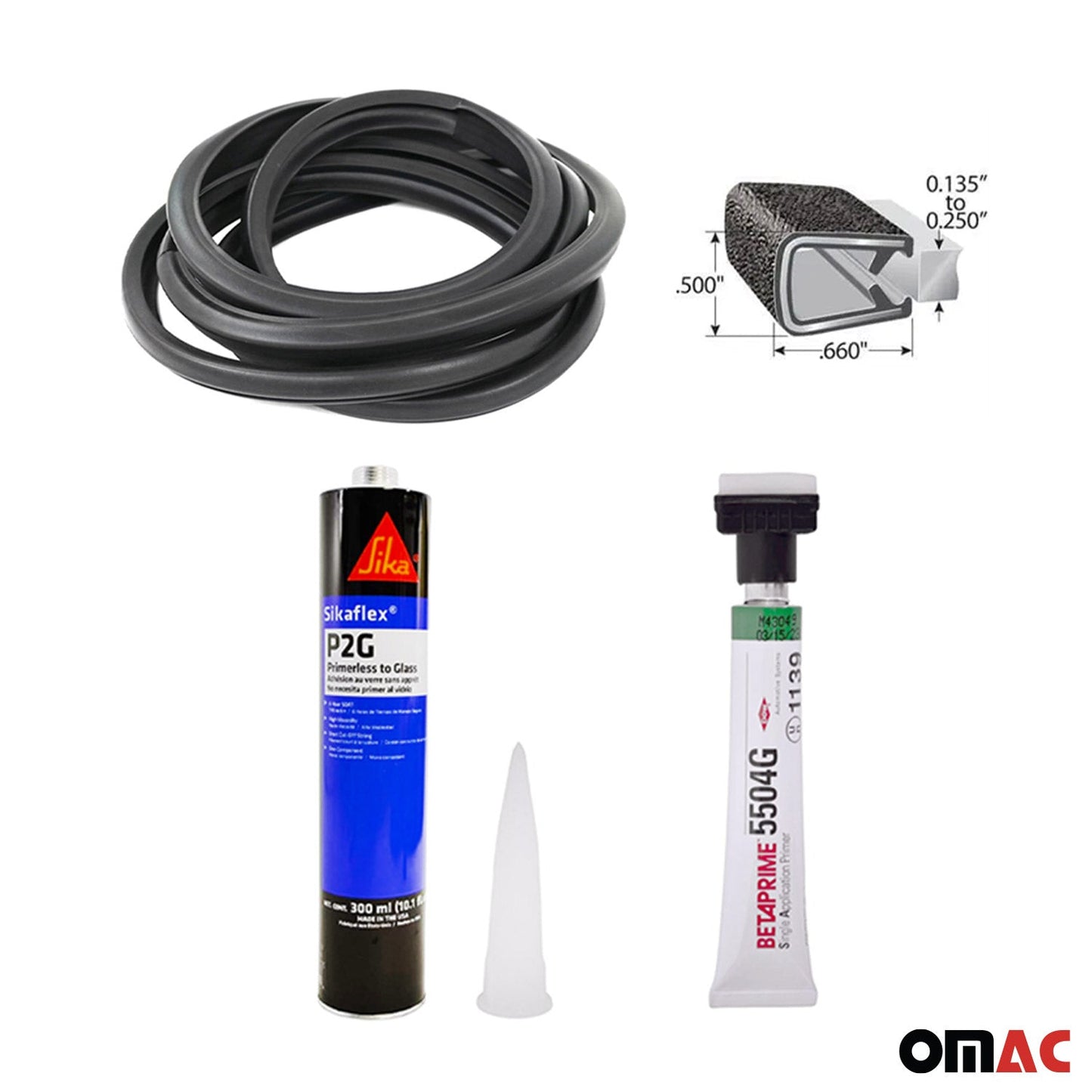 OMAC USA Window Glass Fit Kit for Vans – Fits 2016–2024 Mercedes Metris Front Left Side L2/L3 (Black, 4Pcs)