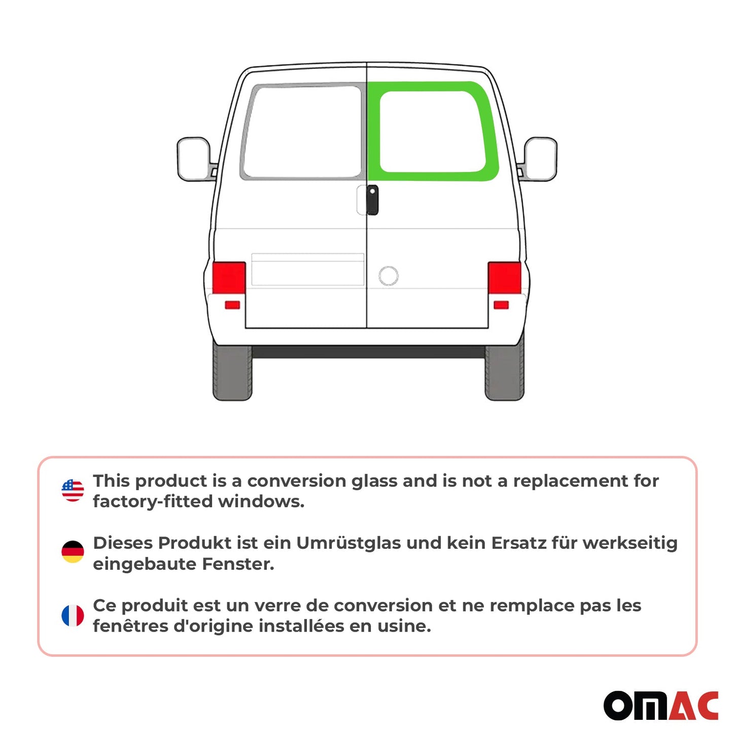 OMAC USA Window Glass Barn Right Door for Vans – Fits 1993–2003 Volkswagen EuroVan L1/L2 (Black, 1Pc)