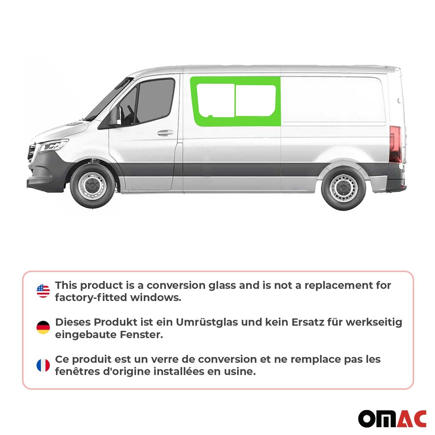 OMAC USA Front Left Side Sliding Window Glass for Vans – Fits 2010–2018 Mercedes Sprinter W906 L2 L3 L4 (Black, 1Pc)