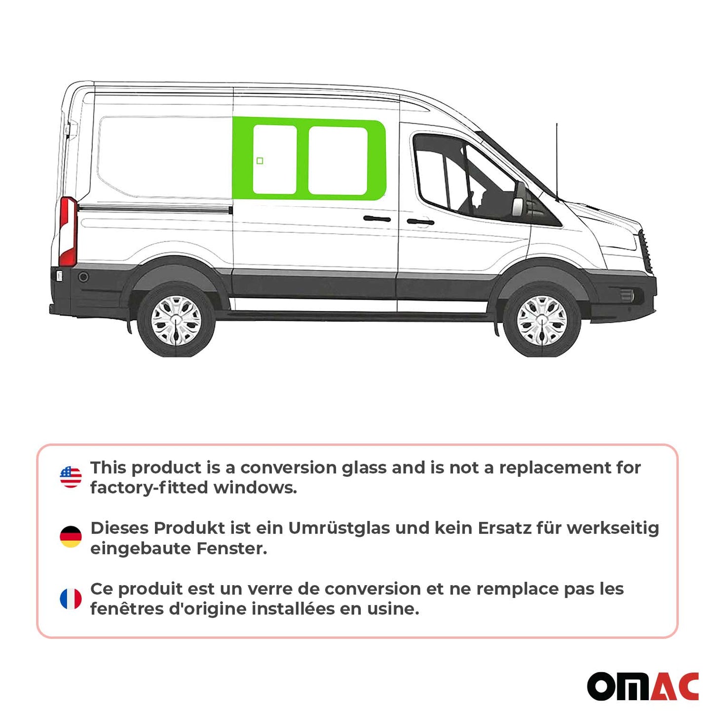 OMAC USA Sliding Window Glass Front Right Side for Vans – Fits 2015–2025 Ford Transit L2 L3 L4 (Tempered, Black, 1Pc)