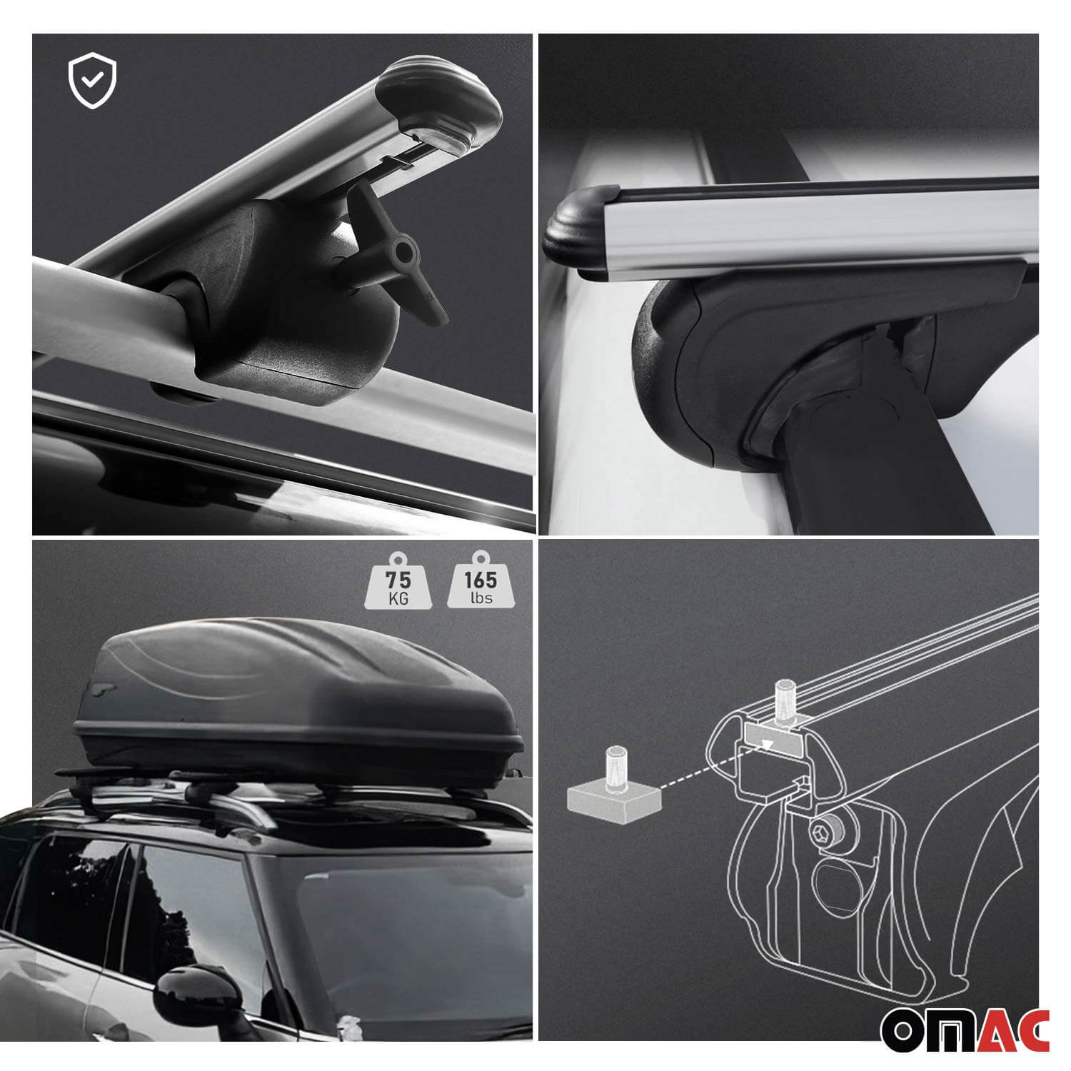 OMAC USA VW Tiguan roof rack cross bars installation details and accessories, suitable for 2012-2017 models, aluminum silver.
