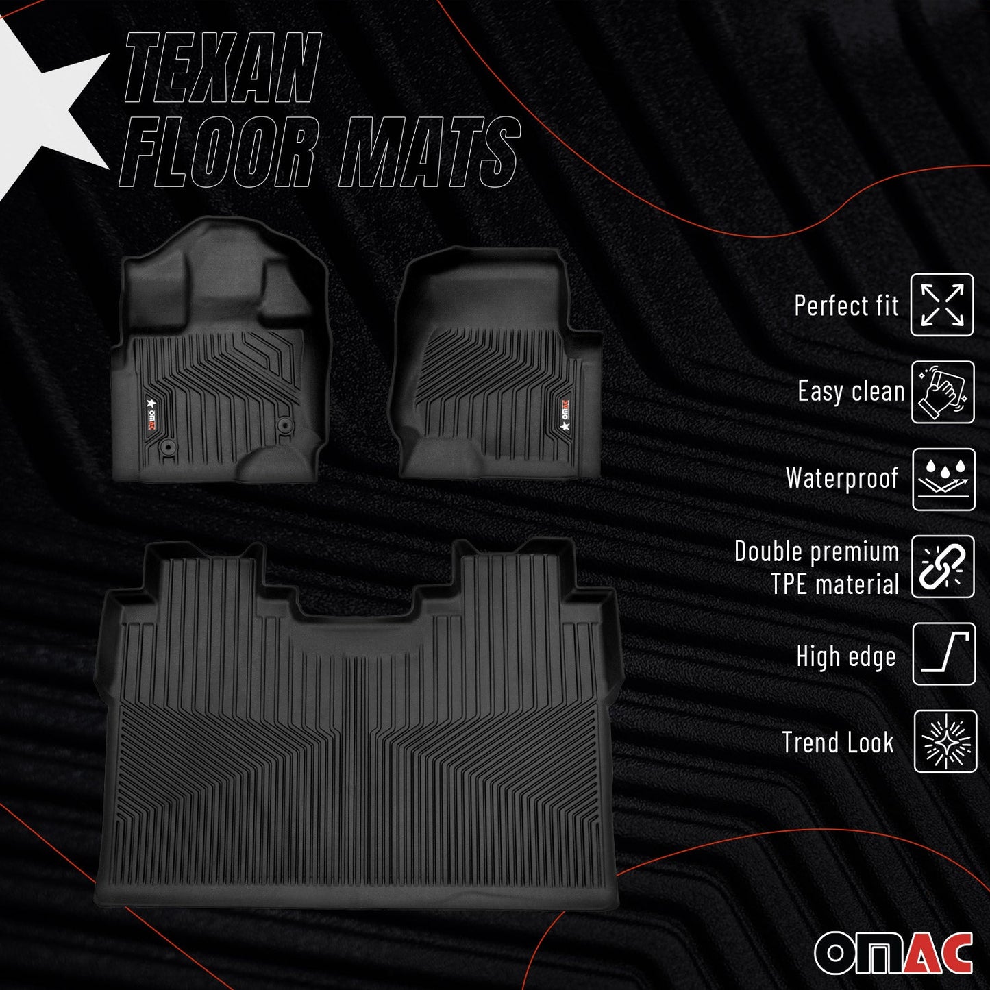 OMAC USA Premium Floor Mats for Truck – First & Second Row – fits with 2015–2023 Ford F-150 SuperCrew – Black (3 Pcs)