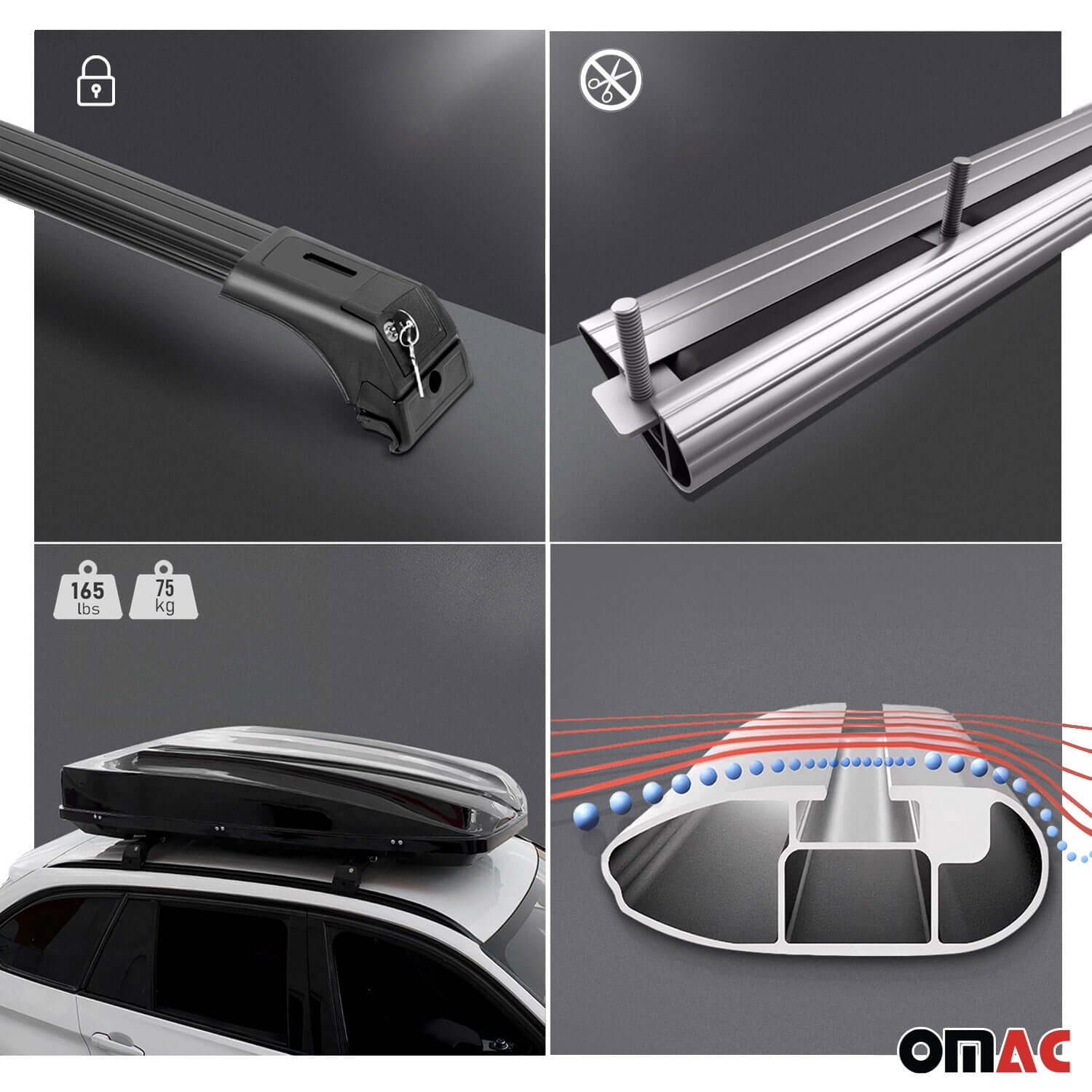 OMAC USA Mitsubishi Outlander Sport roof rack cross bars features, aluminum design, weight capacity infographic
