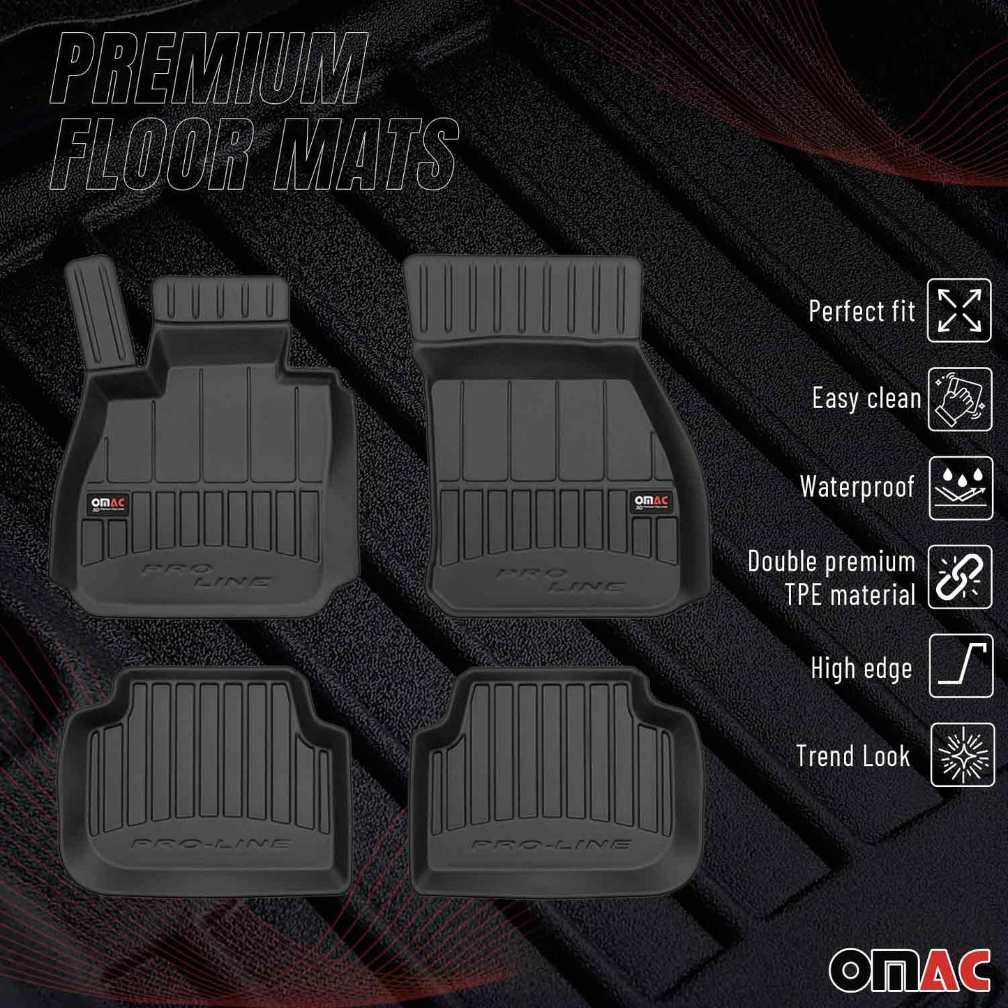 OMAC USA Premium Floor Mats Liners for Cars – Fits 2016-2024 Mini Cooper Clubman F54 (Black, 4 Pcs, All Weather Heavy Duty)