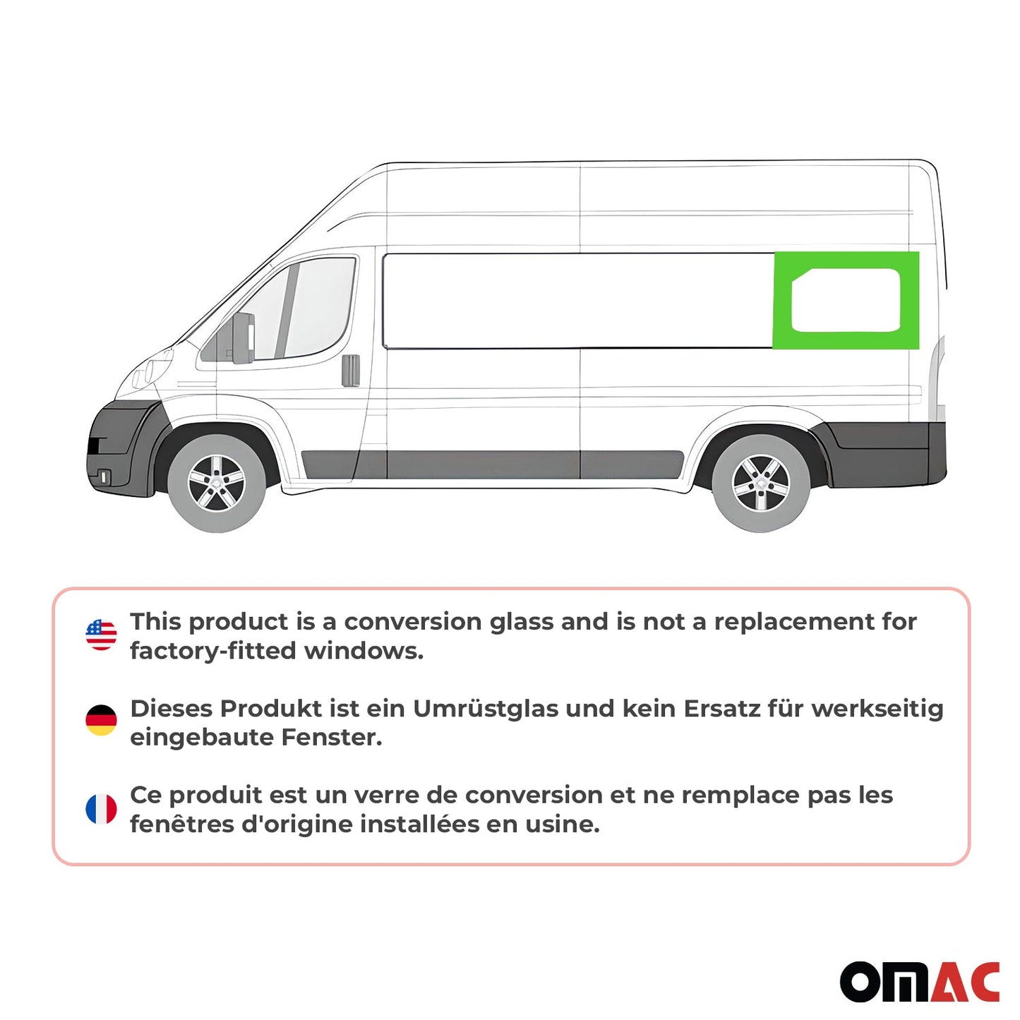 OMAC USA Rear Left Side Window Glass Fit Kit for Vans – Fits 2014–2025 RAM ProMaster L4 Extra Long (Tempered, 4Pcs)