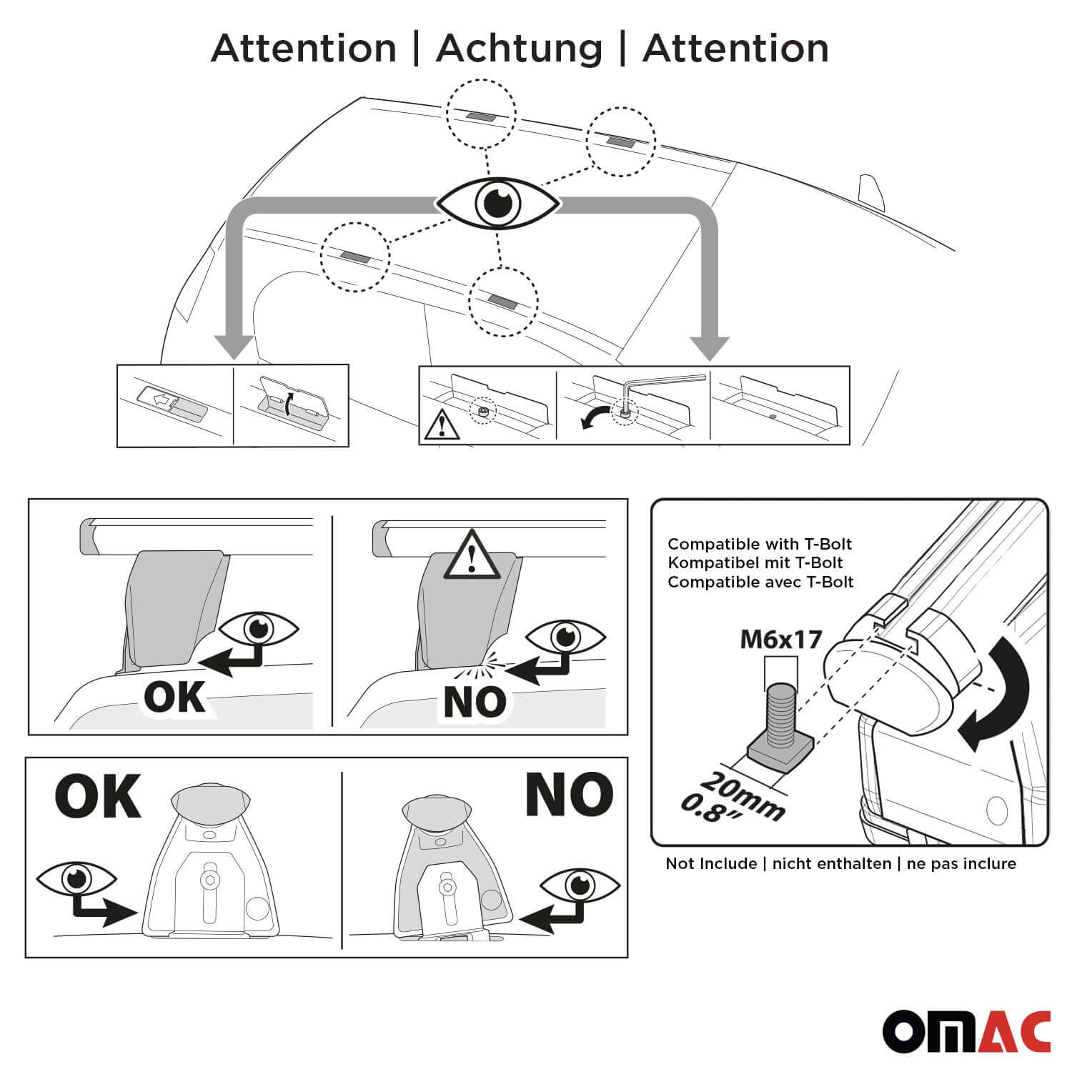 Installation guide for OMAC USA roof rack cross bars compatible with T-Bolt for Mercedes E-Class roof rack cross bars.