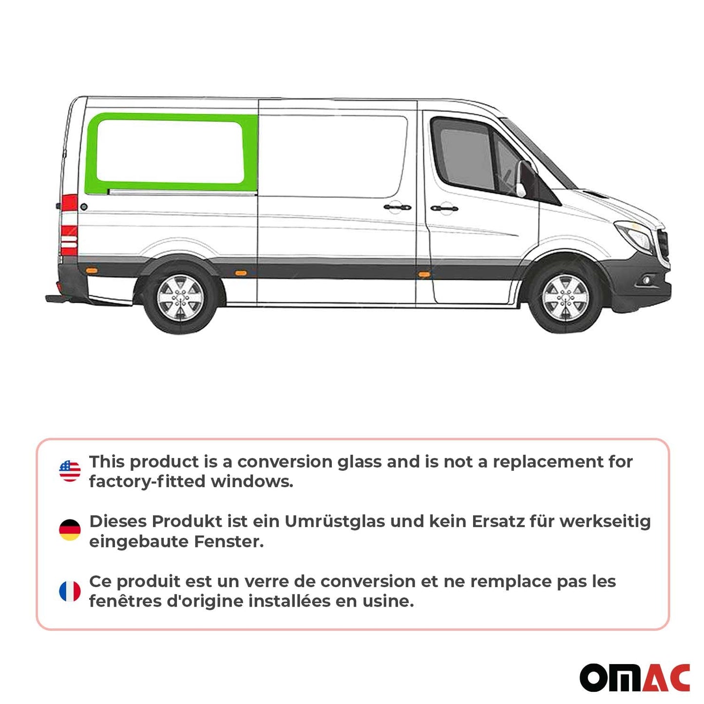 OMAC USA Rear Right Sliding Door Window Glass for Vans – Fits 2019–2021 Freightliner Sprinter L2 (Tempered, Black, 1Pc)