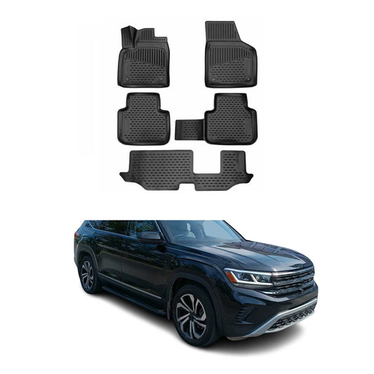 OMAC USA Floor Mats Liners Full Set All Weather for SUV – Fits with 2018-2025 VW Atlas (Bench Seat, 2nd Row) – Black (5 Pcs)