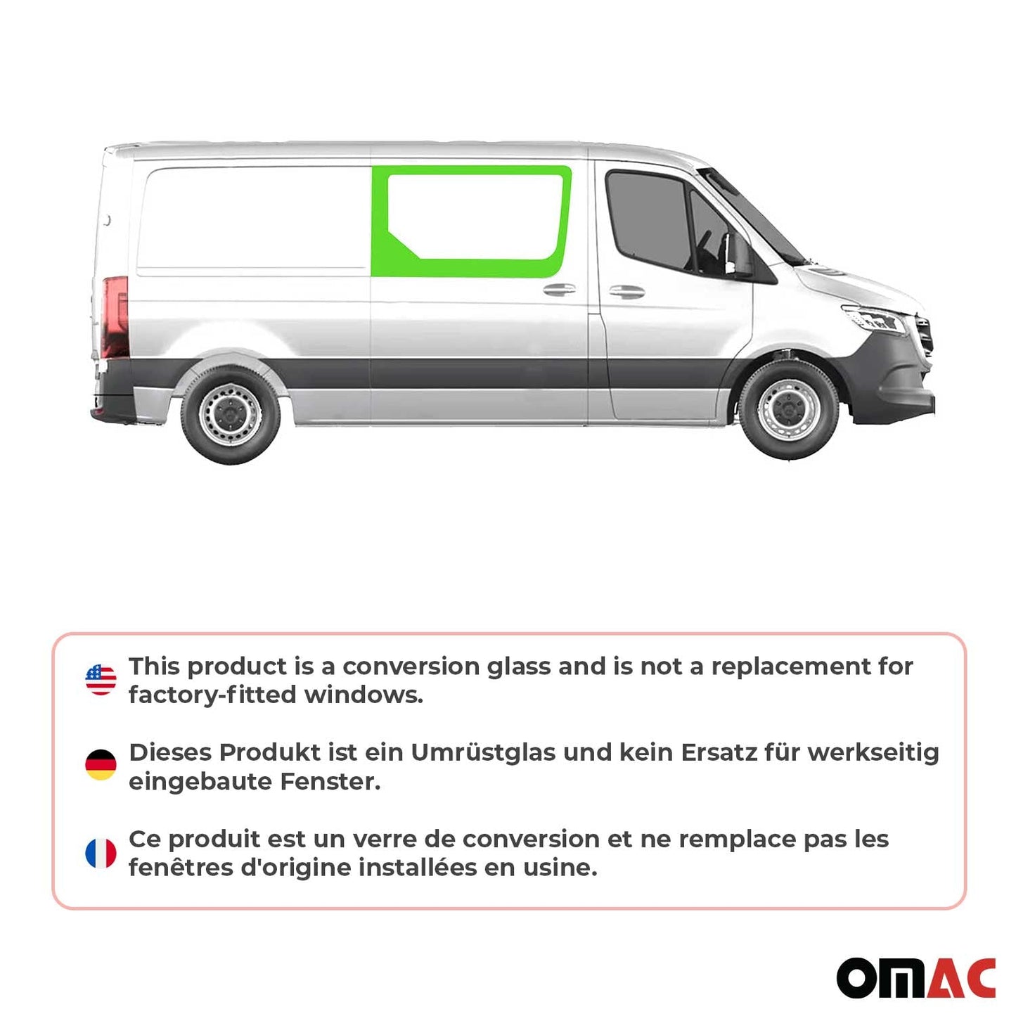 OMAC USA Right Side Sliding Door Window Glass for Vans – Fits 2010–2018 Mercedes Sprinter W906 L2/L3/L4 (Tempered, Black, 1Pc)