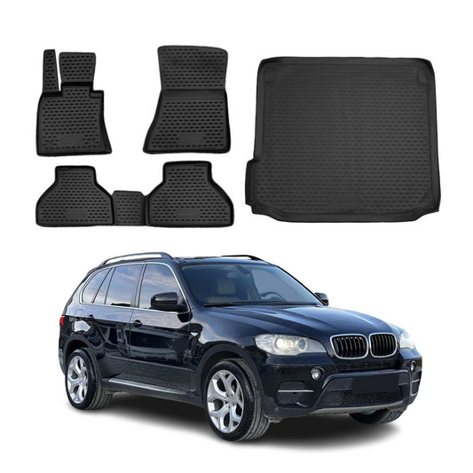 OMAC USA Floor Mats & Cargo Liner Set for SUV – Fits 2007-2013 BMW X5 E70 – All Weather TPE Rubber, Black (5 Pcs)