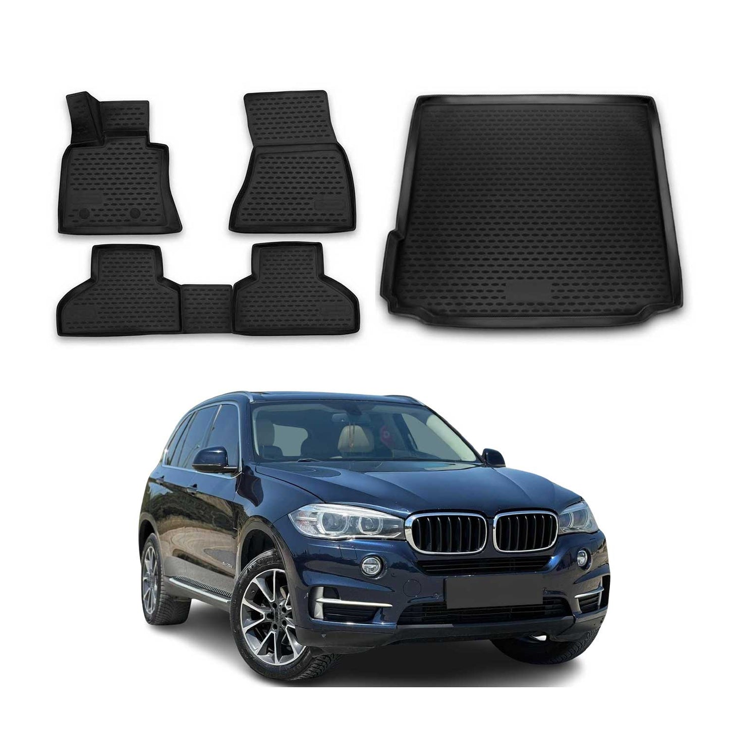 OMAC USA Floor Mats & Cargo Liner Set for SUV – Fits 2014-2018 BMW X5 F15 / F85 – All Weather TPE Rubber, Black (5 Pcs)