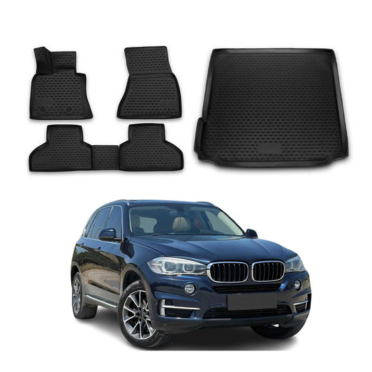 OMAC USA Floor Mats & Cargo Liner Set for SUV – Fits 2014-2018 BMW X5 F15 / F85 – All Weather TPE Rubber, Black (5 Pcs)