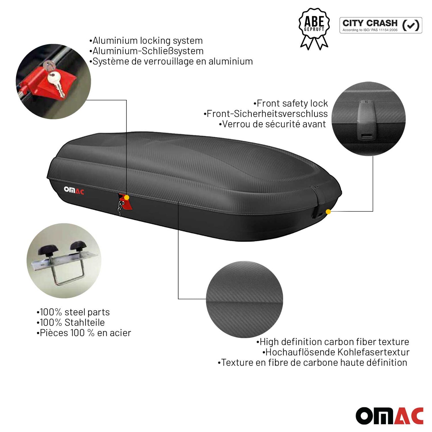 OMAC USA Roof Cargo Box for Car/SUV – 11.3 Cu Ft Rooftop Luggage Carrier – Carbon Fiber Textured (1 Pc)