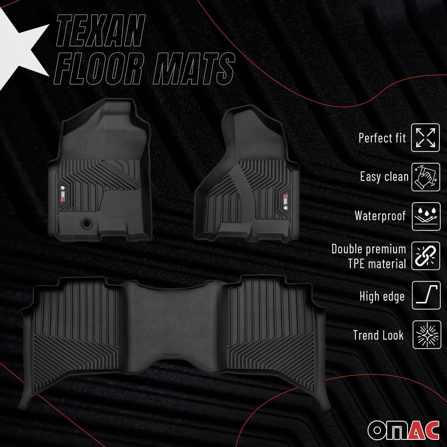 OMAC USA Premium Floor Mats Liners for Truck – Fits 2012–2018 Dodge RAM 1500 – First & Second Row All Weather Heavy Duty Black (3 Pcs)