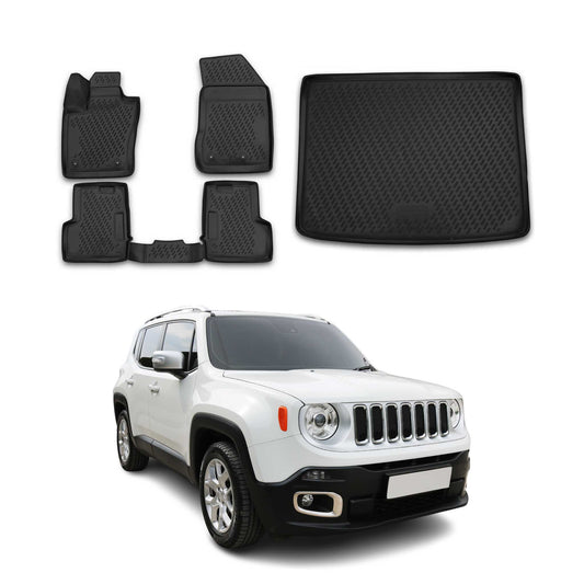 OMAC USA Floor Mats & Cargo Liner Set for Car – Fits 2016-2023 Fiat 500X – Custom Fit All Weather TPE Rubber, Black (5 Pcs)