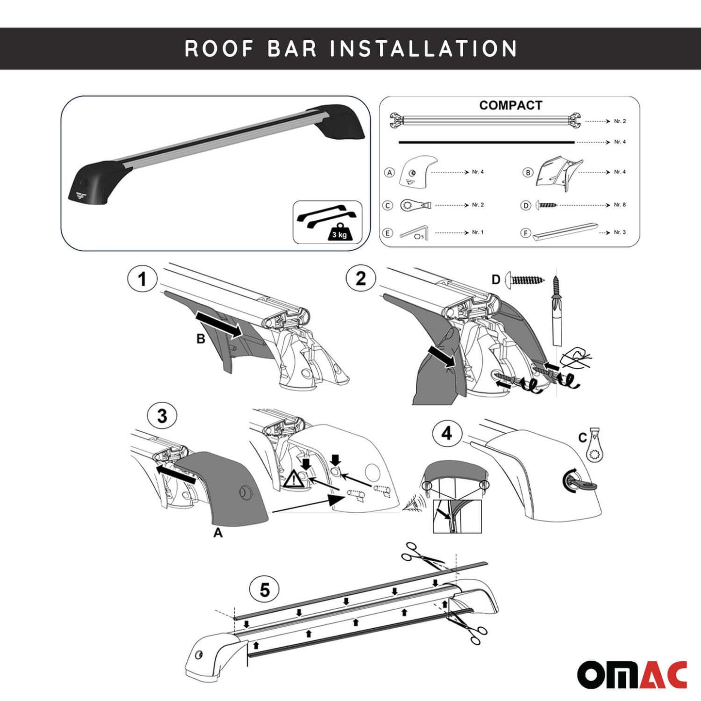 OMAC USA Roof Rack Cross Bars for Car – Fits 2010-2016 Mercedes E-Class W212 Sedan (Excludes Models Without OEM Fixed Points) – Aluminium Black (2 Pcs)
